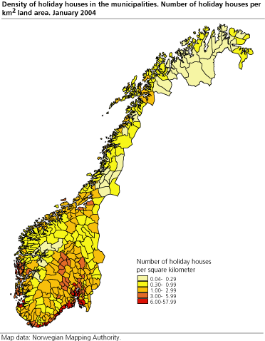 Density of holiday homes in the municipalities. Number of holiday homes per km2 land area. January 2004 
