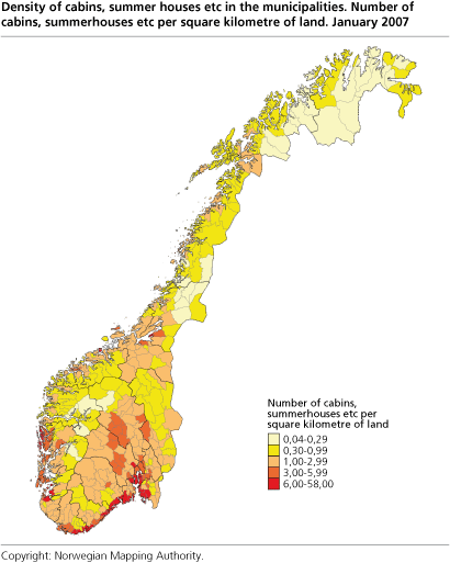 Density of cabins, summer houses etc in the municipalities. Number of cabins, summerhouses etc per square kilometre of land. January 2007.
