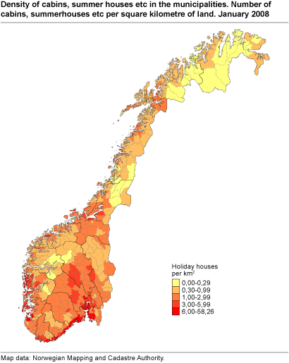 Density of cabins, summer houses etc in the municipalities. Number of cabins, summerhouses etc per square kilometre of land. January 2008