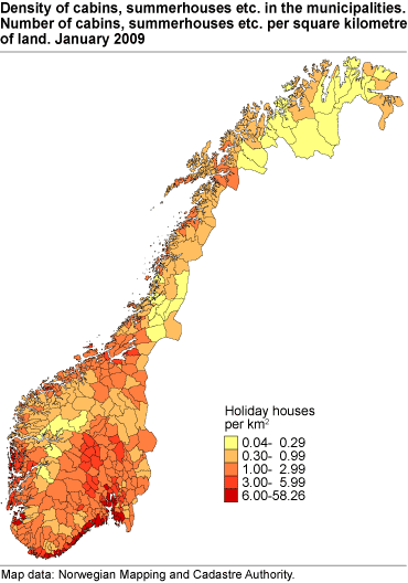 Density of cabins, summer houses etc in the municipalities. Number of cabins, summerhouses etc per square kilometre of land. January 2009