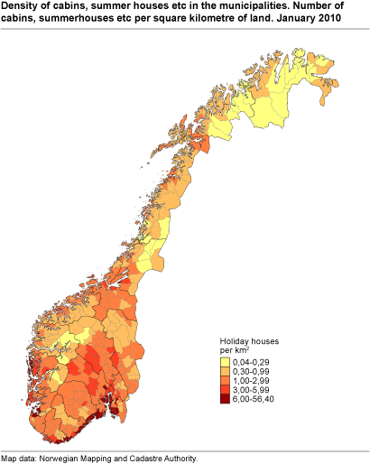 Density of cabins, summer houses etc. in the municipalities. Number of cabins, summerhouses etc. per square kilometre of land. January 2010