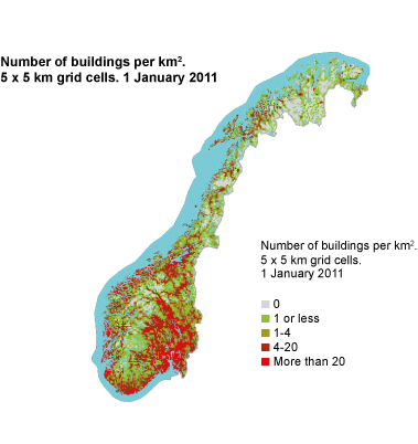 Number of buildings per km2. 5 x 5km grid cells. 1.1.2011.