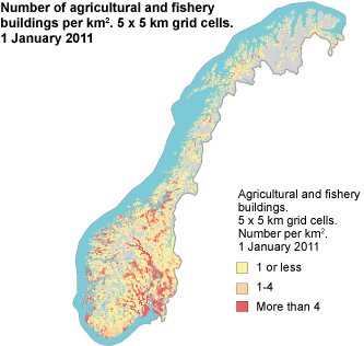 Number of agricultural and fishery buildings per km2. 5 x 5km grid cells. 1.1.2011.