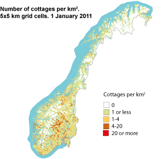 Number of cottages per km2. 5 x 5km grid cells. 1.1.2011.