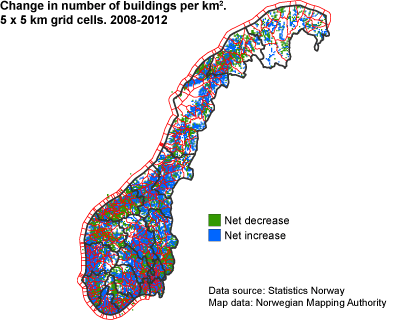 Change in number of buildings per km2. 5 x 5 km grid cells. 2008-2012