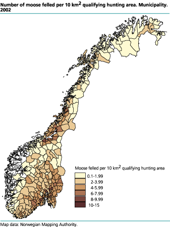 Number of moose felled per 10 km² qualifying hunting area. 2002. Municipality. 