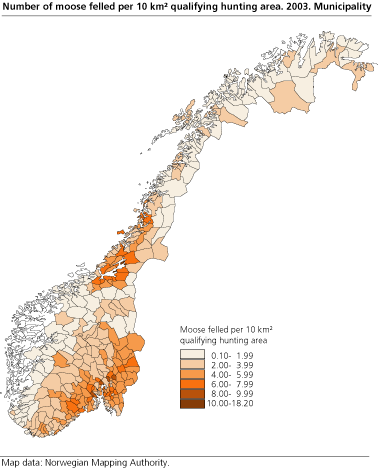 Number of moose felled per 10 km² qualifying hunting area. 2003. Municipality. 