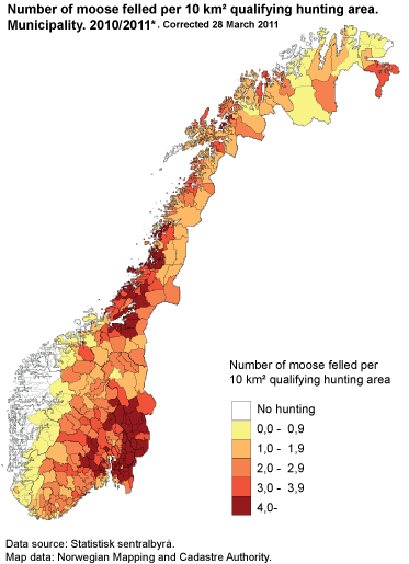 Number of moose felled per 10 km² qualifying hunting area. Municipality. 2010/2011*