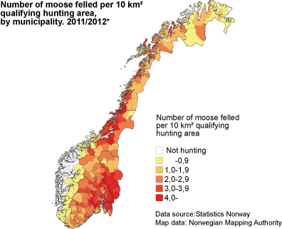 Number of moose felled per 10 km² qualifying hunting area. Municipality. 2011/2012*