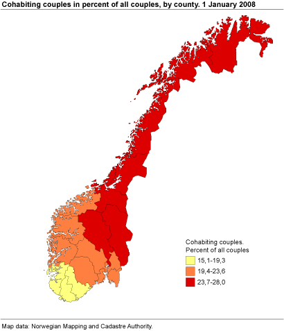 Cohabiting couples as a percentage of all couples, by county. 1 January  2008.