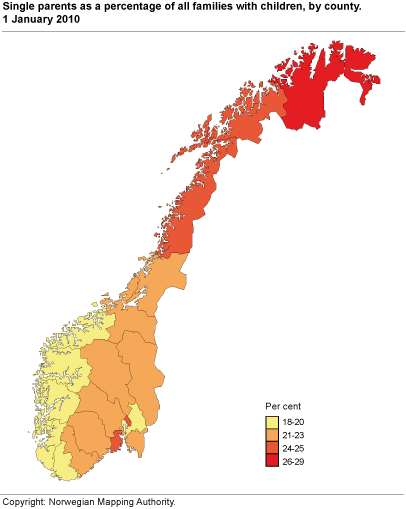 Single parents as a percentage of all families with children, by county. 1 January 2010