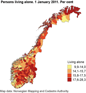 Persons in private households living alone, by age. 1 January 2011. Per cent