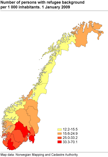 Number of persons with refugee background per 1 000 inhabitants. 1 January 2009