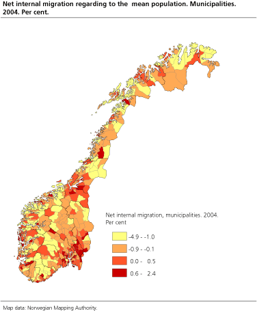 Net internal migration regarding to the  mean population. Municipalities. Per cent. 2004