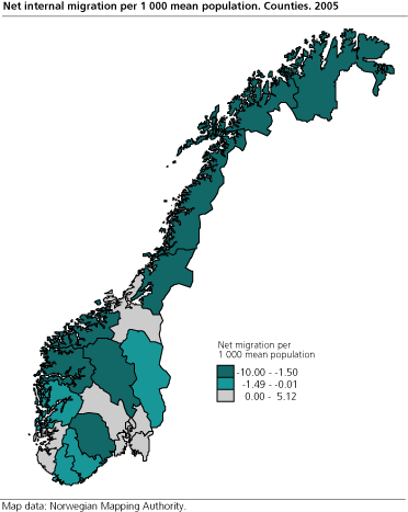 Net internal migration per 1 000 mean population. 2005. Counties