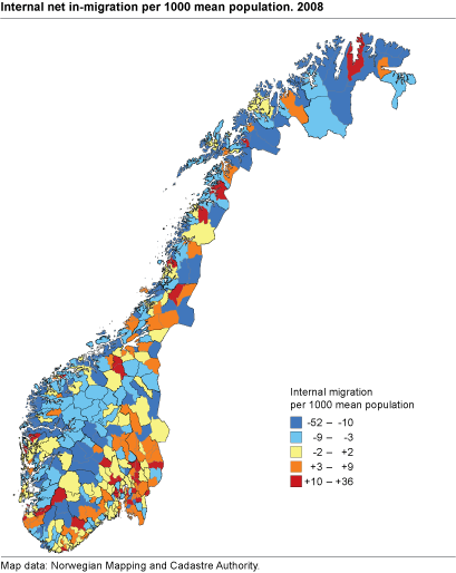 Internal net in-migration per 1 000 mean population. 2008