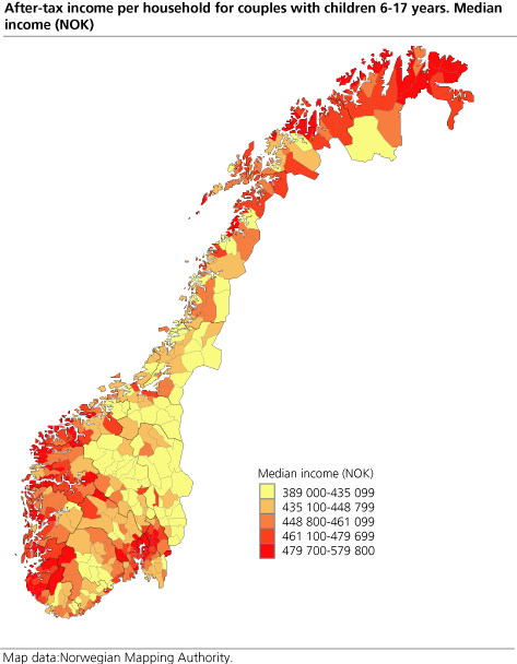 After-tax income per household for couples with children 6-17 years. Median income (NOK)