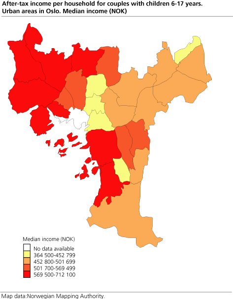 After-tax income per household for couples with children 6-17 years. Urban areas in Oslo. Median income (NOK)