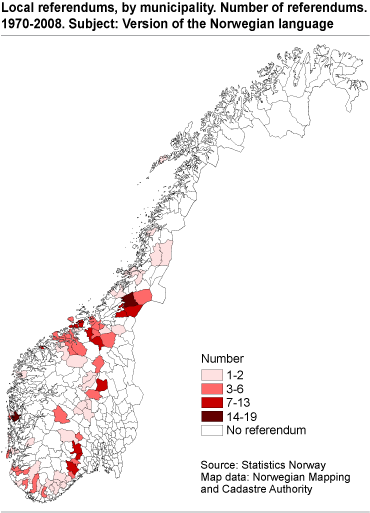 Local referendums, by municipality. Number. Subject: Variant of the Norwegian language 