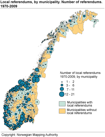 Local referendums, by municipality. Number of referendums 1970-2009