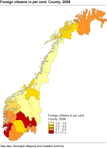 Foreign citizens by continent. 1 January 2008