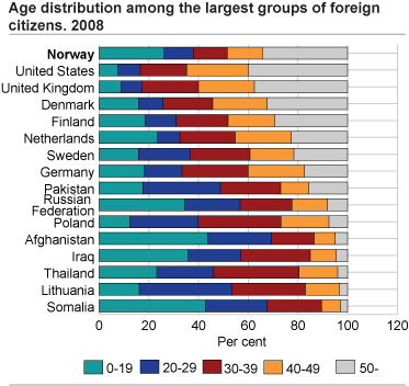 Age structure among the largest groups of foreign citizens. 1 January 2008