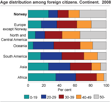 Age structure among the foreign citizens. Continent.  1 January 2008