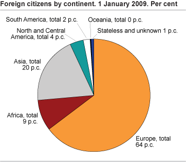 Foreign citizens by continent. 1 January 2009