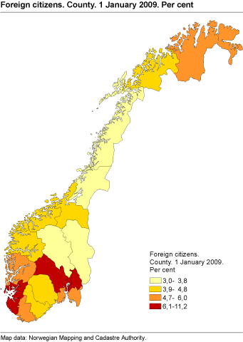 Per cent foreign citizens. County. 1 January 2009 