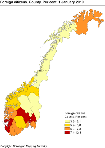 Foreign citizens. County. Per cent. 1 January 2010.