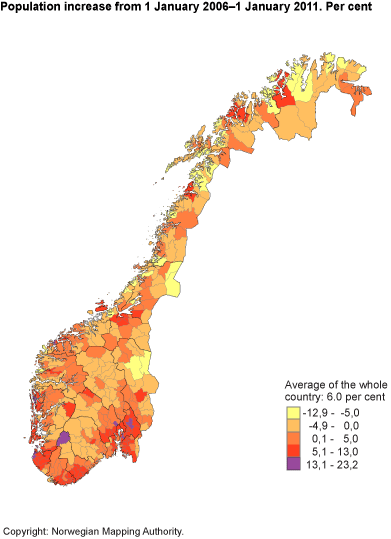 Population increase in municipalities. 1 January 2006-1 January 2011. Per cent