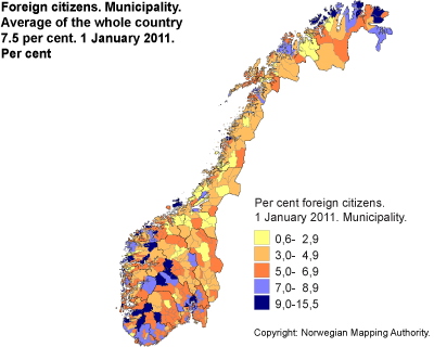 Foreign citizens. Municipality. Per cent. 1 January 2011