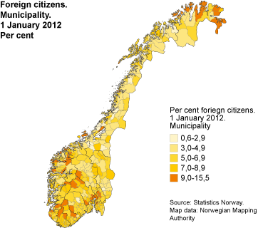Foreign citizens. Municipality. Per cent. 1 January 2012