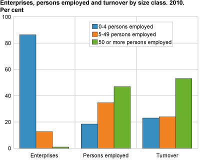 Enterprises, persons employed and turnover, by lsize class 2010. Per cent