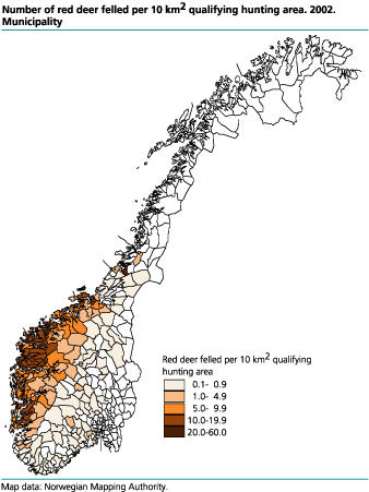 Number of red deer felled per 10 km² qualifying hunting area. 2002. Municipality. 
