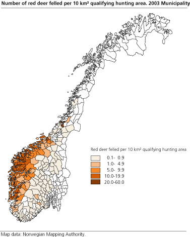Number of red deer felled per 10 km² qualifying hunting area. 2003 Municipality. 