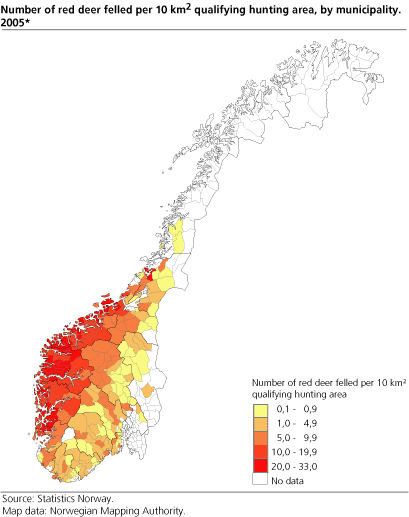 Number of red deer felled per 10 km² qualifying hunting area. 2005. Municipality 