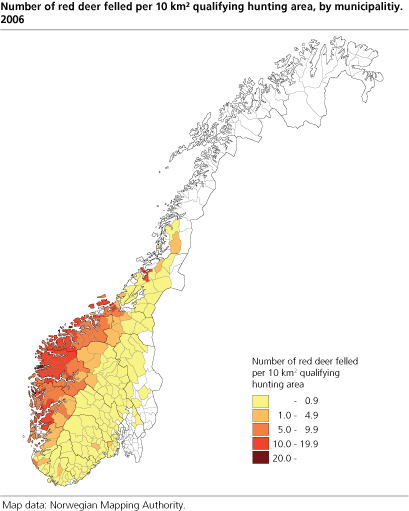 Number of red deer felled per 10 km2 qualifying hunting area. 2006. Municipality. 