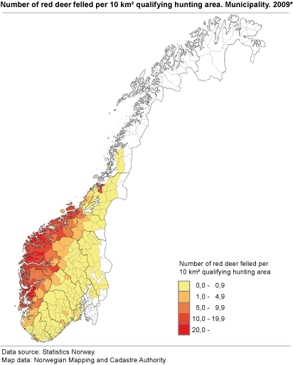 Number of red deer felled per 10 km² qualifying hunting area. Municipality. 2009*