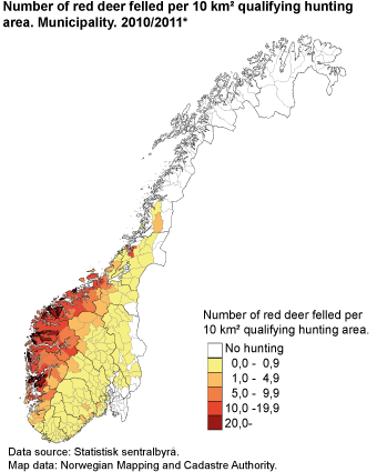 Number of red deer felled per 10 km² qualifying hunting area. Municipality. 2010/2011*