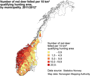 Number of red deer felled per 10 km² qualifying hunting area. Municipality. 2011/2012*