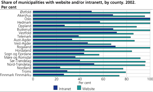 Share of municipalities with website and/or intranett, by county. Per cent. 2002