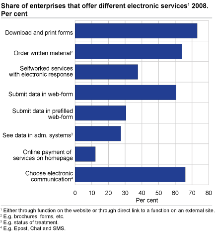 Share of enterprises that offer different electronic services. 2008. Per cent
