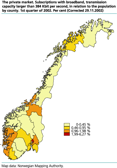 The private market. Subscriptions with broadband, transmission capacity larger than 384 Kbit per second, in relation to the population by county. 1. quarter of 2002. Per cent