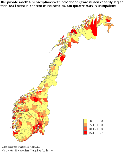The private market. Subscriptions with broadband (transmission capacity larger than 384 kbit/s) in per cent of households. 4th quarter of 2003. Municipalities