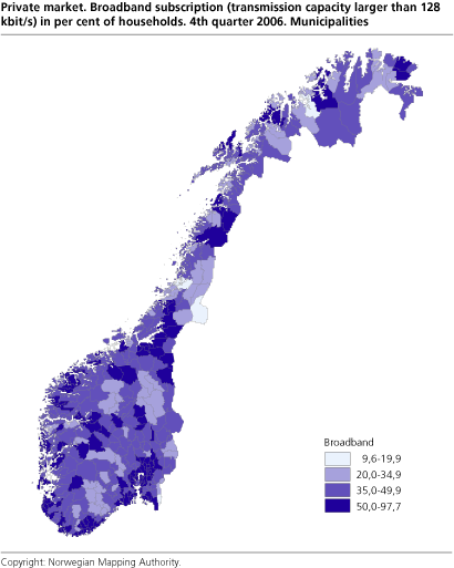 Private market. Broadband subscriptions (transmission capacity larger than 128 kbit/s) in per cent of households. 4th quarter 2006. Municipalities