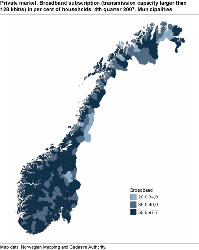 Private market. Broadband subscriptions (transmission capacity larger than 128 kbit/s) as a percentage of households. 4th quarter 2007. Municipalities