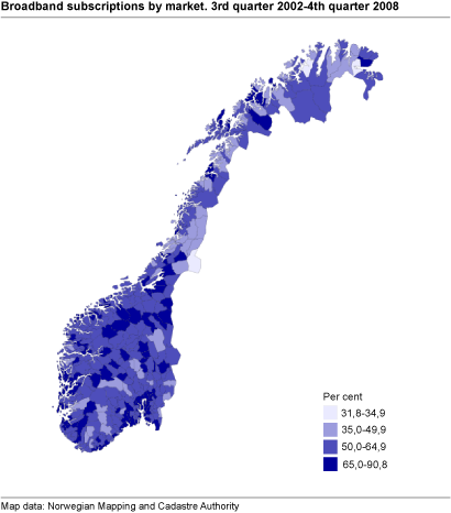 Private market. Broadband subscriptions (transmission capacity larger than 128 kbit/s) as a percentage of households. 4th quarter 2008. Municipalities