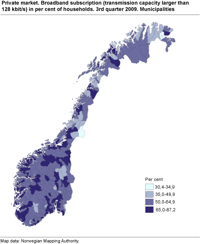 Private market. Broadband subscriptions (transmission capacity larger than 128 kbit/s) as a percentage of households. 3rd quarter 2009. Municipalities