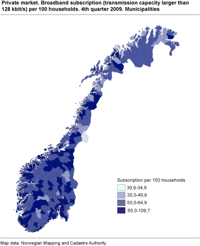 Private market. Broadband subscriptions (transmission capacity larger than 128 kbit/s) as a percentage of households. 4th quarter 2009. Municipalities